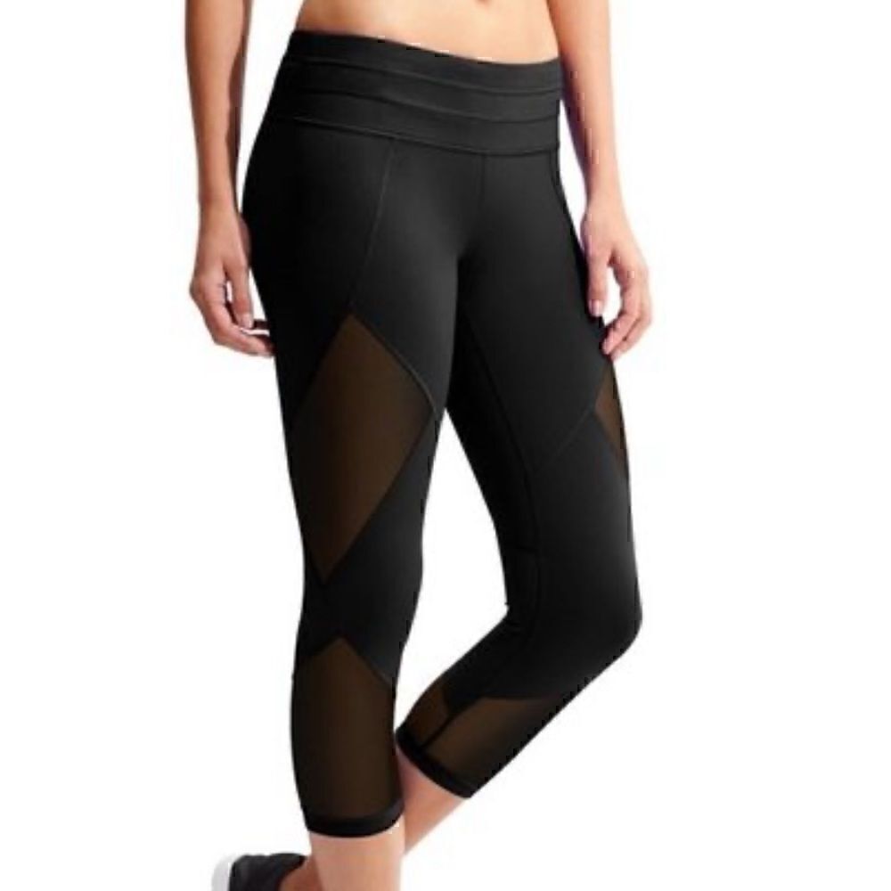 Athleta Sonar Capri Legging Solid Black Mesh Drawstring Crop Stretch Women Small